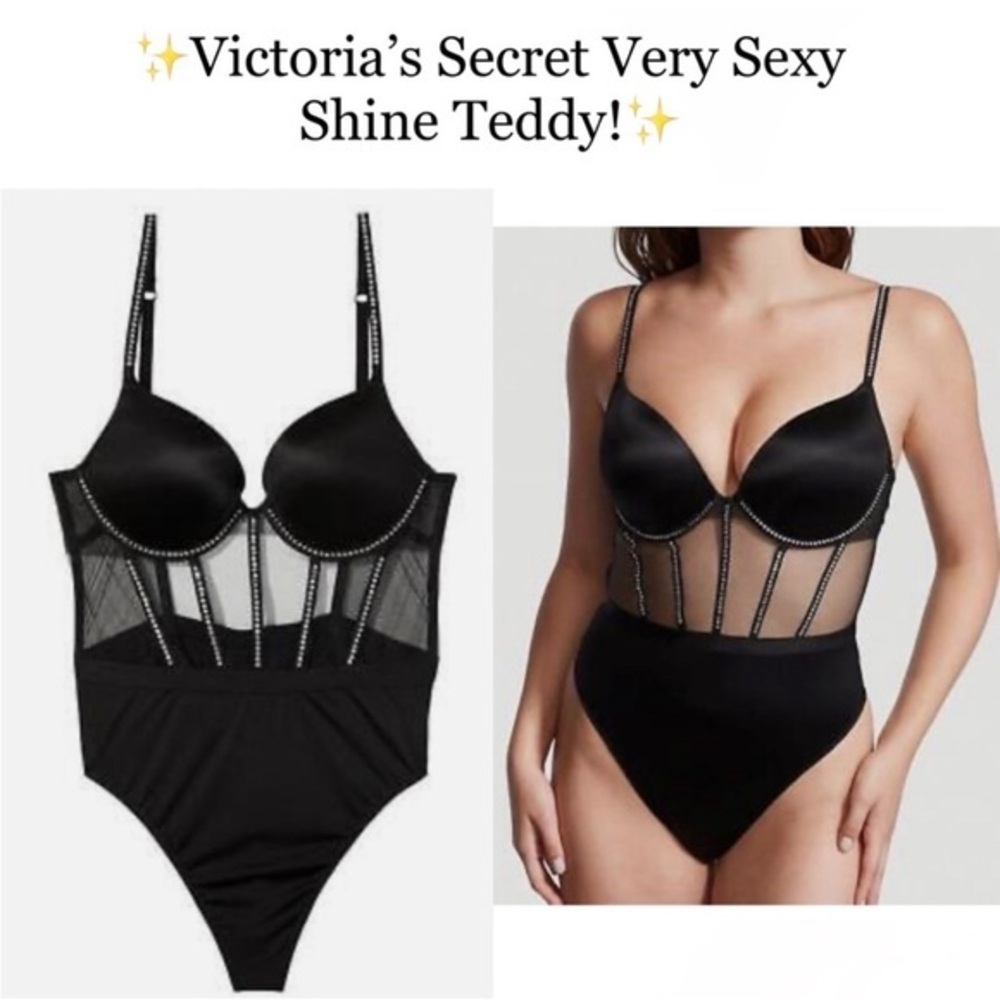 Victoria Secret Very Sexy Shine Teddy Bodysuit Rhinestone Embelished Black S